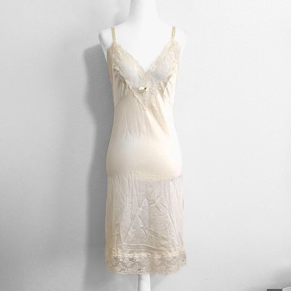 Vintage Pale Yellow Lace Slip V-Neck Midi Dress With Rosette Detail | Size 36